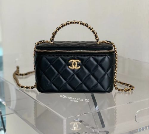 Click to view full screen Chanel CC Dynasty Vanity Case Small Black Quilted Lambskin Leather Gold Hardware photo review