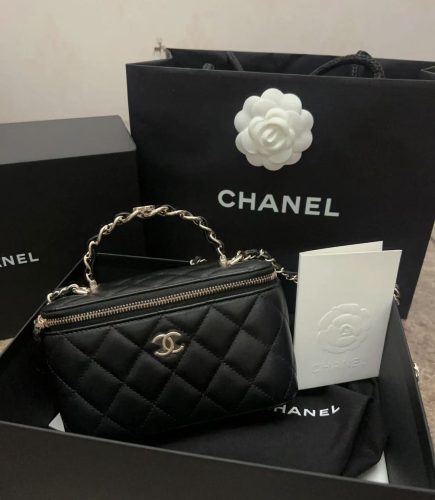 Click to view full screen Chanel CC Dynasty Vanity Case Small Black Quilted Lambskin Leather Gold Hardware photo review