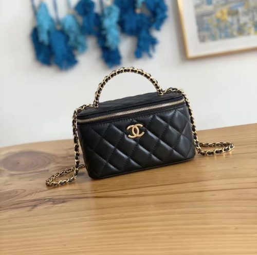Click to view full screen Chanel CC Dynasty Vanity Case Small Black Quilted Lambskin Leather Gold Hardware photo review