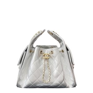 Chanel Silver Quilted Grained Leather Shoulder Bags